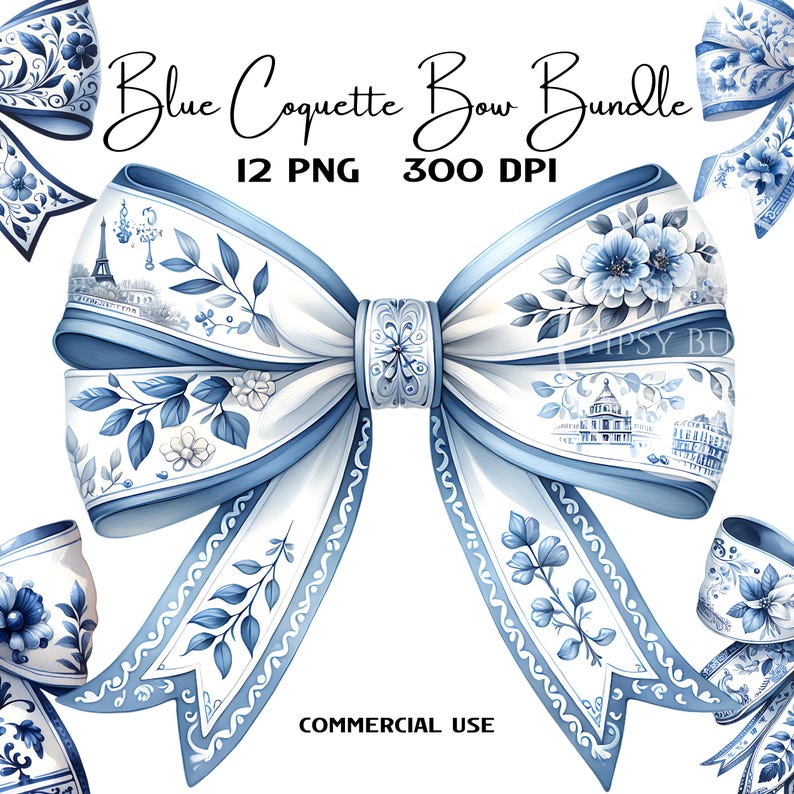 Coquette Bow Blue Floral Clipart Bundle, Sublimation File, Cute Watercolor Floral Bow PNG, Retro Sublimation Design, Commercial Use, Digital