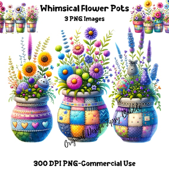 Colorful Flowers PNG, Spring Flowers Clipart, Flower Pots Clipart, Sublimation Files, Whimsical Flowers, Floral Sublimation, Commercial Use