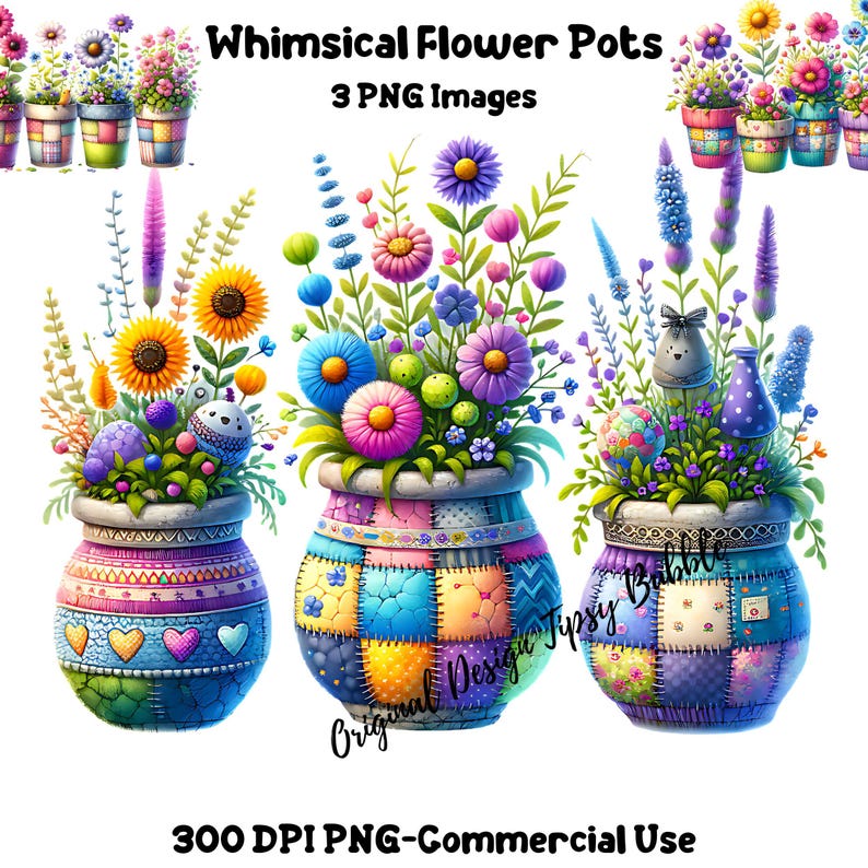 Colorful Flowers PNG, Spring Flowers Clipart, Flower Pots Clipart, Sublimation Files, Whimsical Flowers, Floral Sublimation, Commercial Use