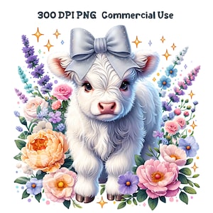 Spring Baby Highland Cow PNG, Watercolor Clipart, Highland Cow and Flowers PNG, Highland Cow Sublimation, Cute Shirt Designs, Commercial Use