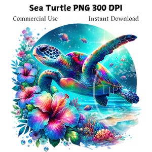 Sea Turtle Clipart, Sea Animal PNG, Sea Turtle Sublimation Design, Colorful Ocean Graphics, Undersea Digital Download, Commercial Use, Png