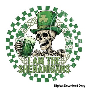 St. Patricks Day Skeleton PNG, Funny Skeleton Shirt Design, Checkered St. Patrick's Day PNG, Men's Sublimation File, Shenanigans PNG