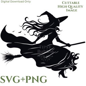 May include: Black silhouette of a witch flying on a broomstick. The witch is wearing a pointed hat and a long flowing dress. The broomstick has a long handle and a bundle of twigs at the end. The witch is flying through the air with her hair flowing behind her.