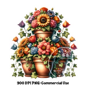 Peut inclure: Une pile de trois pots en terre cuite avec une variété de fleurs colorées, dont des tournesols, des coquelicots rouges et des campanules. Les pots sont décorés de lierre et de coccinelles.