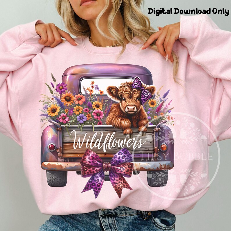 Highland Cow Flowers PNG, Watercolor Wildflowers Clipart, Highland Cow Truck PNG, Highland Cow Sublimation, Commercial Use, Digital Download