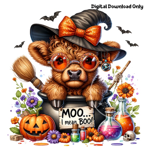 Halloween Highland Cow PNG, Highland Cow Clipart, Halloween Cow PNG, Cute Highland Cow Shirt Design Sublimation Files Commercial Use Digital
