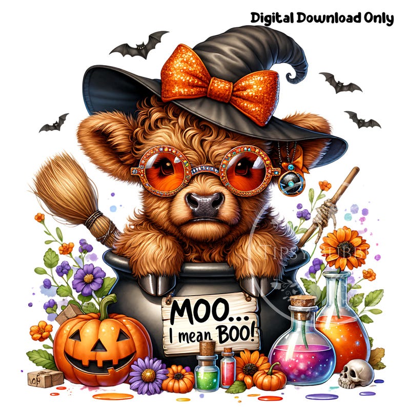 Halloween Highland Cow PNG, Highland Cow Clipart, Halloween Cow PNG, Cute Highland Cow Shirt Design Sublimation Files Commercial Use Digital