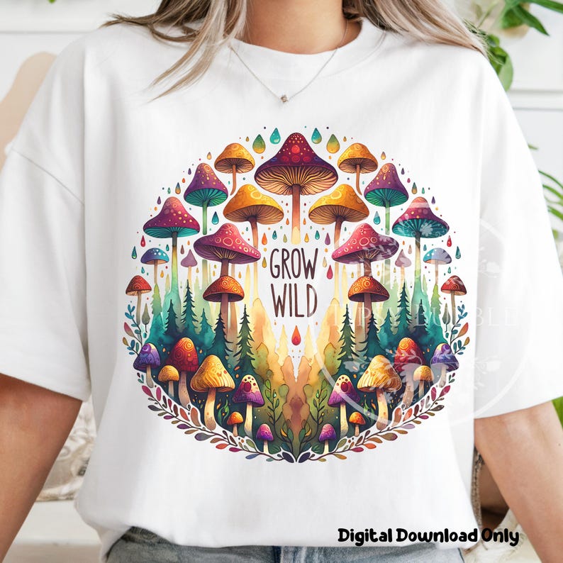 Cute Mushroom Clipart PNG, Mushroom Shirt PNG Designs, Boho Mushroom PNG, Watercolor Mushrooms, Boho Sublimation Designs, Commercial Use