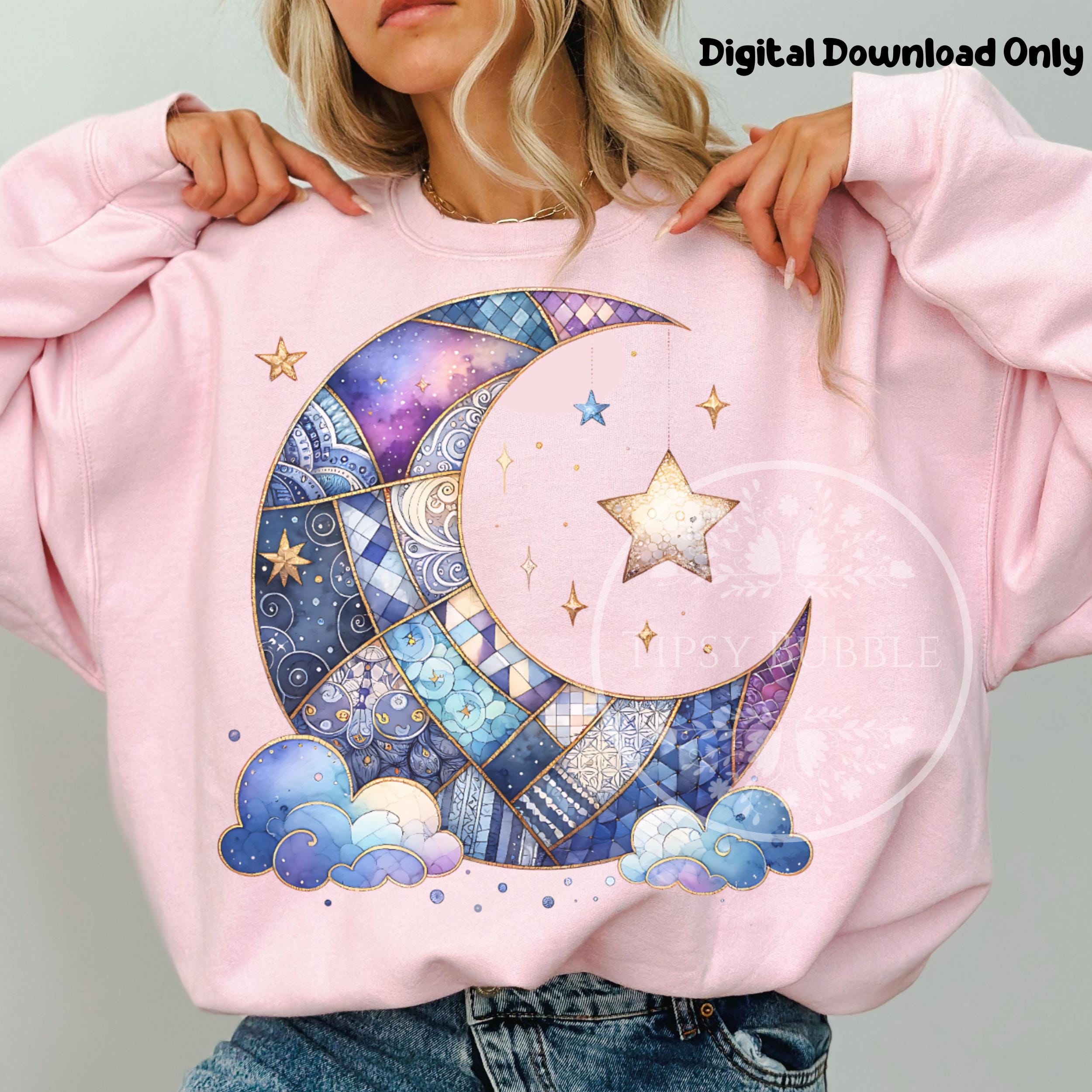 Patchwork Moon Celestial Moon Stars PNG, Patchwork Moon PNG, Nursery Moon Stars, Moon ...