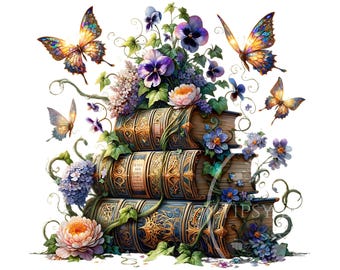 Floral Books PNG, Floral Butterfly Clipart, Floral Sublimation Files, Spring Summer Floral PNG, Old Books PNG, Commercial Use, Digital Files