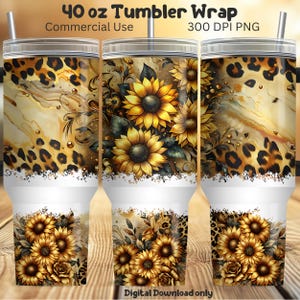 Sunflower 40 oz Tumbler Design, Leopard Print Floral Tumbler Wrap, Quencher Tumbler File, Tumbler With Handles Sublimation, Commercial Use
