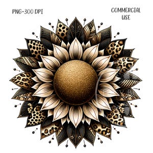 Leopard Print Sunflower PNG, Floral Sublimation Designs, Sunflower Clipart, Girl&#39;s Sunflower Shirt, Boho Sunflower Art, Instant Download PNG