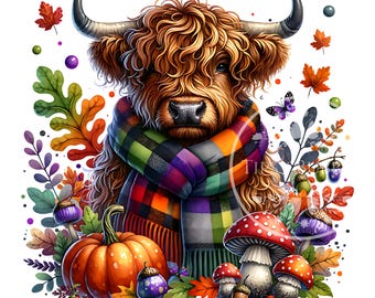 Boho Fall Highland Cow PNG Bundle, Highland Cow Fall Sublimation, Fall Shirt Design Thanksgiving Halloween Cow PNG, Commercial Use, Digital
