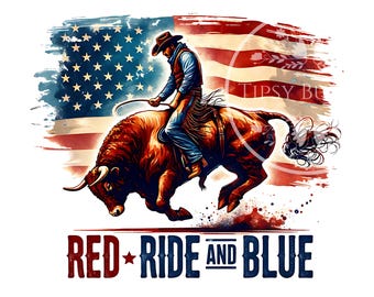 May include: A digital graphic featuring a cowboy riding a bull, set against a backdrop of the American flag. The image uses red, white, and blue colors. Text at the bottom reads "RED RIDE AND BLUE".