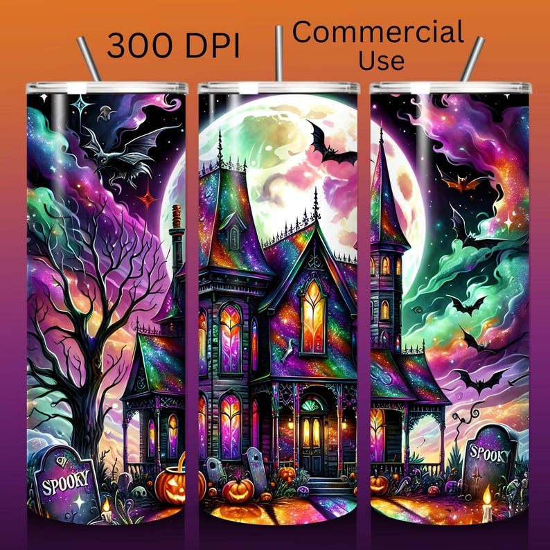 Haunted House Halloween Tumbler Wrap, Skinny Tumbler Wrap, Tumbler Sublimation PNG, Faux Glitter Png, Halloween Sublimation, Commercial Use