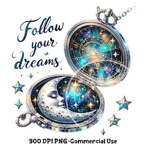 May include: A silver pocket watch with a blue and gold celestial design inside. The watch is open and the lid is resting on the side. The watch is surrounded by stars and the words "Follow your dreams" are written in black cursive.
