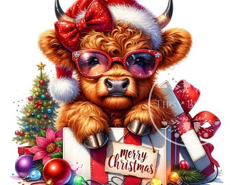 Christmas Highland Cow PNG, Highland Cow Clipart, Christmas PNG, Merry Christmas Highland Cow Shirt Design, Sublimation File, Commercial Use