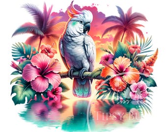 Tropical Shirt Design, Tropical Bird PNG, Tropical Flowers Sublimation PNG Files, Summer Shirt Designs, Palm Trees Beach PNG, Commercial Use