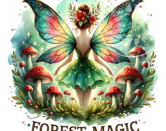 Diseño de camiseta de hada verde con hongos de bosque PNG, diseño de sublimación de camiseta de hada para niña PNG, clipart de hada de acuarela, uso comercial