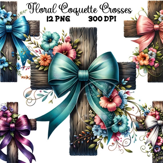Christian Floral Cross Bundle, Christian Coquette, Religious Shirt PNG, Cross and Flowers, Bow Cross PNG, Commercial Use, Digital Downloads