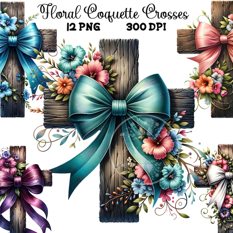 Christian Floral Cross Bundle, Christian Coquette, Religious Shirt PNG, Cross and Flowers, Bow Cross PNG, Commercial Use, Digital Downloads.