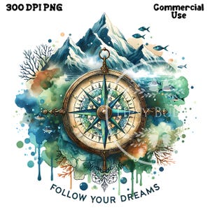 Könnte beinhalten: Aquarell-Illustration eines Kompasses mit blauem und grünem Design, umgeben von Bergen, Wasser und Korallen. Der Text "Follow Your Dreams" befindet sich am unteren Rand des Bildes.