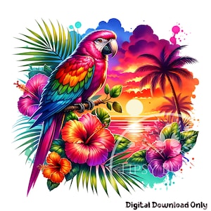 Puede incluir: Una ilustración digital vibrante de un loro colorido posado en una rama con flores tropicales y palmeras sobre un fondo de puesta de sol. El loro tiene un plumaje rosa, azul, verde y amarillo. Las flores son rosas, rojas y naranjas. Las palmeras están silueteados contra la puesta de sol.