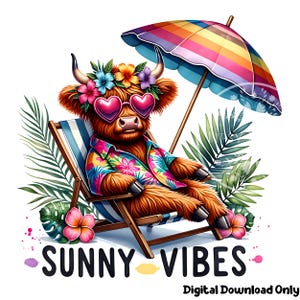 Summer Highland Cow PNG, Tropical Cow PNG, Beach Highland Cow Clipart, Baby Highland Cow Sublimation Designs, Commercial Use, Digital Files