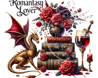Fantasy Books PNG, Floral Dragon Design, Sublimation Files, Romantasy Book Clipart, Dragon Book Lover PNG, Digital Download, Commercial Use
