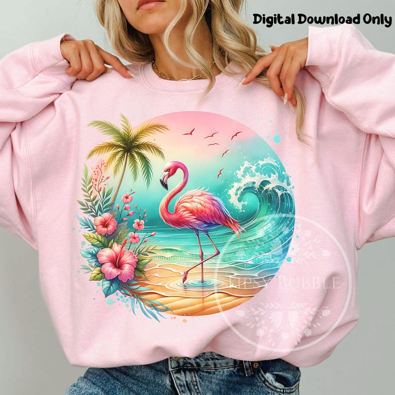 Tropical Flamingo PNG, Tropical Summer PNG, Summer Sublimation File, Girls Summer Shirt Designs, Floral Flamingo Clipart PNG, Commercial Use