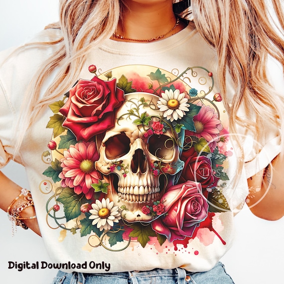 Floral Skull Shirt Design PNG, Sublimation Files, , Flowered Skull PNG, Skull Roses Clipart Skull Sublimation, Commercial Use, Digital Files