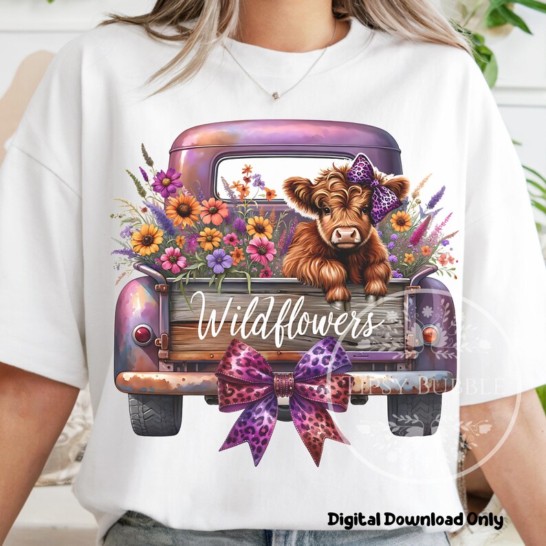 Highland Cow Flowers PNG, Watercolor Wildflowers Clipart, Highland Cow Truck PNG, Highland Cow Sublimation, Commercial Use, Digital Download