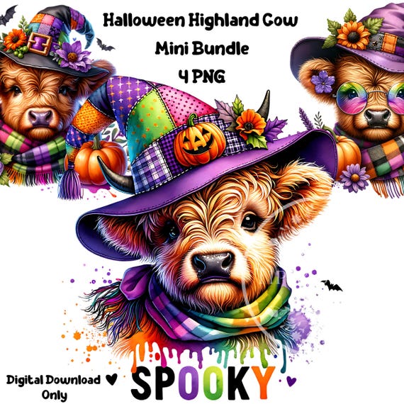 Halloween Highland Cow PNG Bundle, Highland Cow Sublimation, Baby Highland Cow Witch Hat, Halloween Cow PNG, Commercial Use, Digital Files
