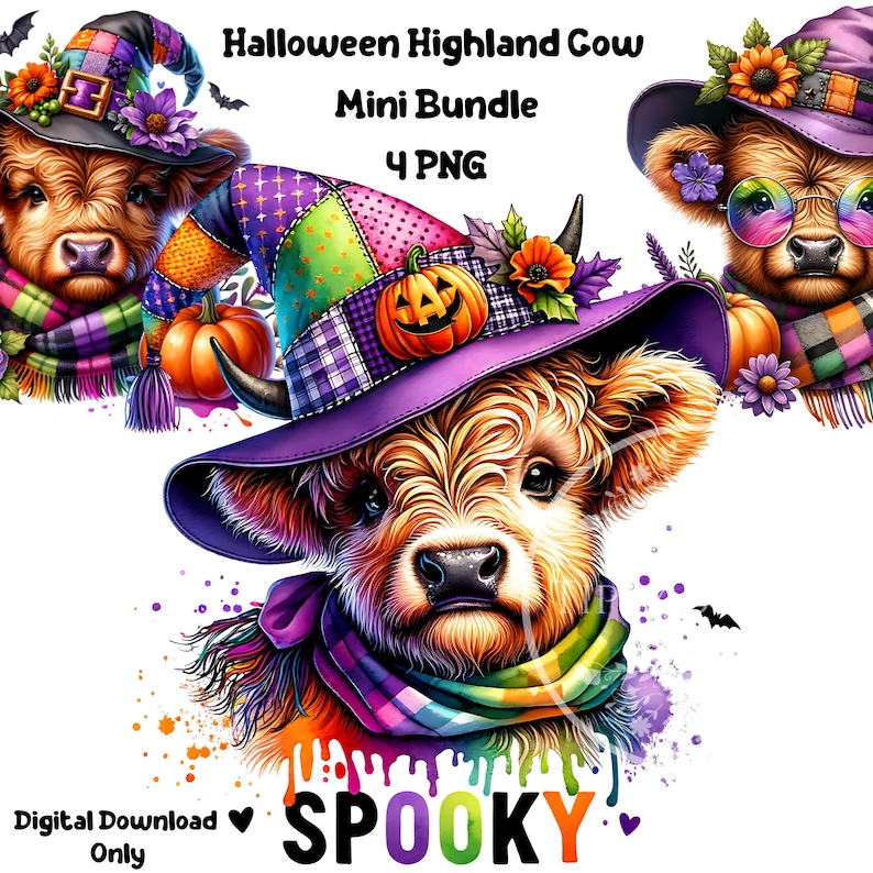 Halloween Highland Cow PNG Bundle, Highland Cow Sublimation, Baby Highland Cow Witch Hat, Halloween Cow PNG, Commercial Use, Digital Files.