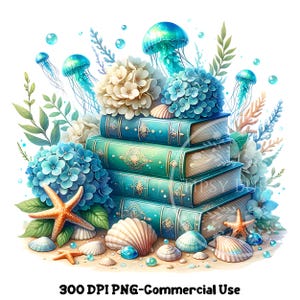 Blomböcker PNG, nautisk blommig clipart, blommig sublimeringsfiler, blommigt hav PNG, bokstapel PNG, kommersiellt bruk, digitala nedladdningar