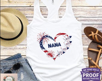 Personalized 4th of July Nana Tank Top, Custom Grandma Heart Tank Top with Kids Names, Patriotic Family Tank Top