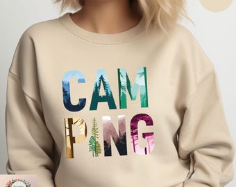 Scenic Nature Letters Camping Sweatshirt: Colorful Outdoor Adventure Hoodie