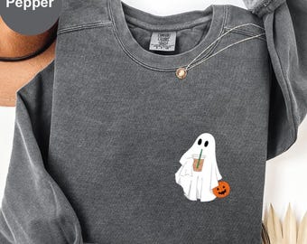 Sudadera Comfort Colors Cute Ghost Coffee, Suéter Little Ghost Iced Coffee, Sudadera Boo Ghost, Suéter Ghost Coffee, Halloween Coffee Lovers