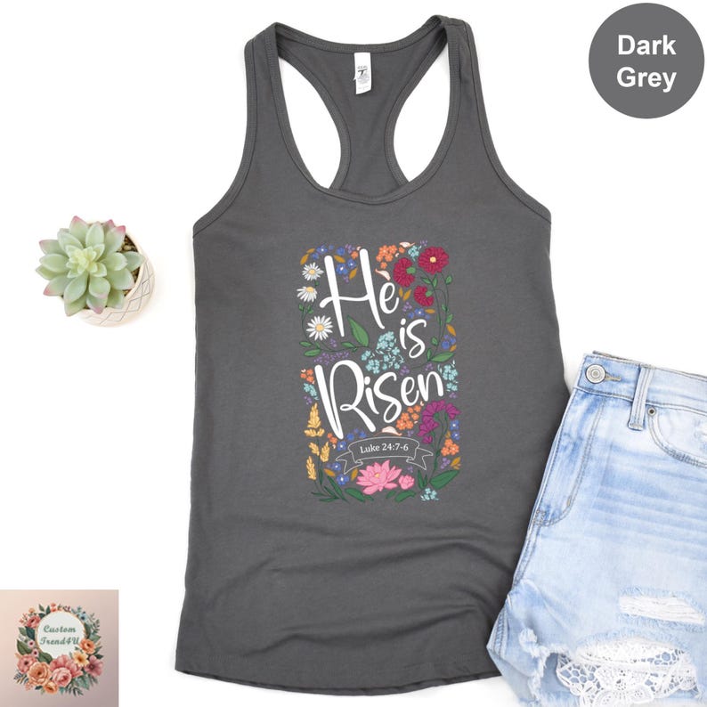 He Is Risen Floral Tank Top, Easter Tank For Women,Happy Easter Tank Top,Christian Tank Top, Cute Easter Outfit,Easter Bunny Tank Top image 2