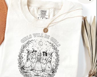 Camiseta Comfort Colors Vintage Girls Will Be Girls Witch, camiseta con estilo de bruja para Halloween
