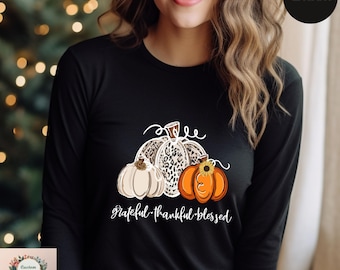 Thankful Grateful Blessed Long Sleeve Shirt, Pumpkin Long Sleeve Tee,Buffalo Plaid Thanksgiving Shirt,Thanksgiving Family Long Sleeve Shirt