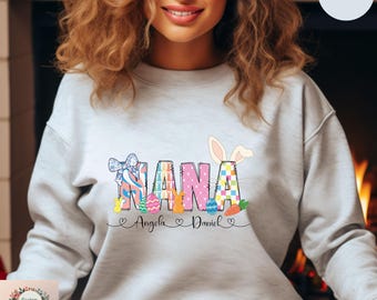 Custom Nana Sweatshirt for Easter Day, Coquette Easter Nana Hoodie, Personalized Easter Nana Sweater, Easter Bunny Grandma Sweatshirt