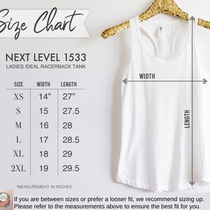 a size chart for a white tank top, with measurements and corresponding sizes listed. The chart provides a visual guide for selecting the appropriate size based on the user's measurements.