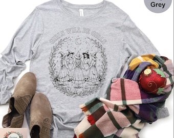 Camiseta de manga larga con estampado de brujas para Halloween estilo vintage para chicas, camiseta de manga larga con vibras de bruja