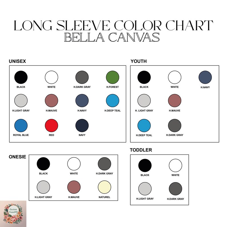 The image is a color chart for a long sleeve canvas, specifically for a brand called "Bella Canvas". It displays various color options for different age groups, including "Unisex", "Youth", "Toddler", and "Oneies". The chart provides color swatches for each age group, allowing customers to choose the color that best suits their needs.