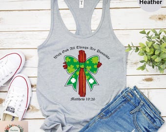 With God All Things Are Possible Tank Top, Christian St Patricks Day Tank Top, St. Patrick's Coquette Bow Tank Top,  God Christian Tank Top