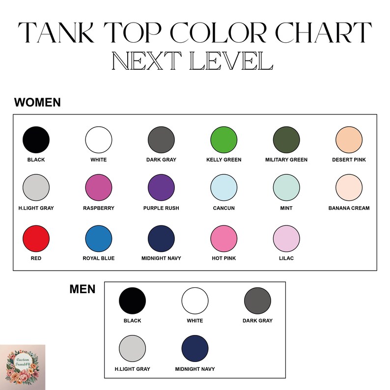 The image is a color chart for tank tops, divided into two sections for men and women. The chart lists various color options for tank tops, including black, white, dark gray, green, military green, desert pink, raspberry, purple rush, cancun, mint, banana cream, red, royal blue, midnight navy, hot pink, and lilac.