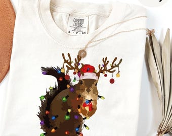 Comfort Colors® Squirrel Christmas Lights Shirt, Xmas Squirrel Tee, Xmas Party Shirt, Funny Christmas T-Shirt, Christmas Shirt for Family