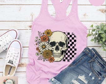 Camiseta sin mangas estilo boho vintage con calaveras, linda camiseta sin mangas espeluznante para Halloween.
