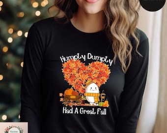 Camiseta de manga larga de Humpty Dumpty para otoño, linda camiseta de manga larga con calabaza otoñal, atuendo divertido para el Día de Acción de Gracias, camiseta de manga larga con calabaza de Halloween